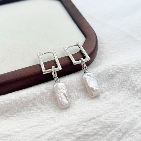 Silver rectangle baroque freshwater pearl dangle earrings, minimalist hoop drop style for women